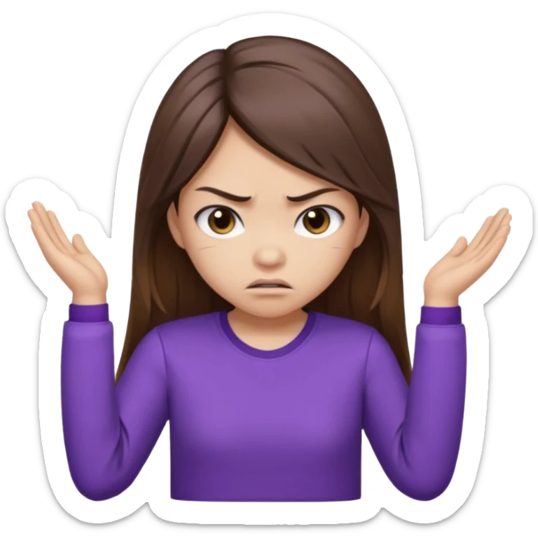 Angry Pouty girl with small asian eyes folding arms in a purple longsleeve shirt she has fair skin and long length brown hair with highlights sticker