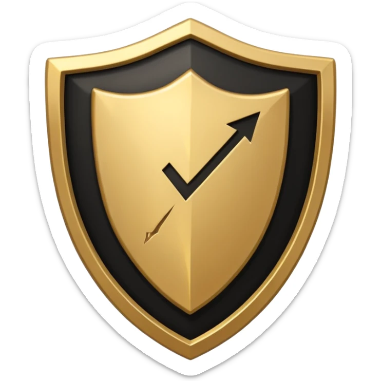Black and gold emoji of a cracked shield reforming around a checklist with one strong tick, symbolising discipline rebuilt after failure, luxury minimal style, transparent background. sticker