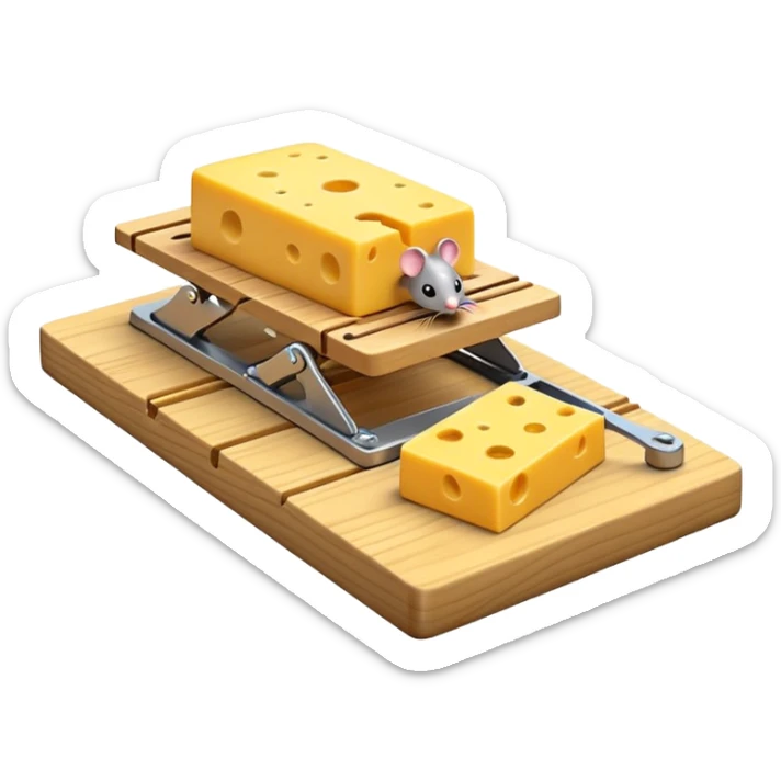 A 3D emoji in iOS emoji aesthetic style of a small mousetrap on a wooden base with a tiny gray mouse approaching a small piece of yellow cheese on it, minimal white background, bright lighting, clean and glossy Apple-style design sticker