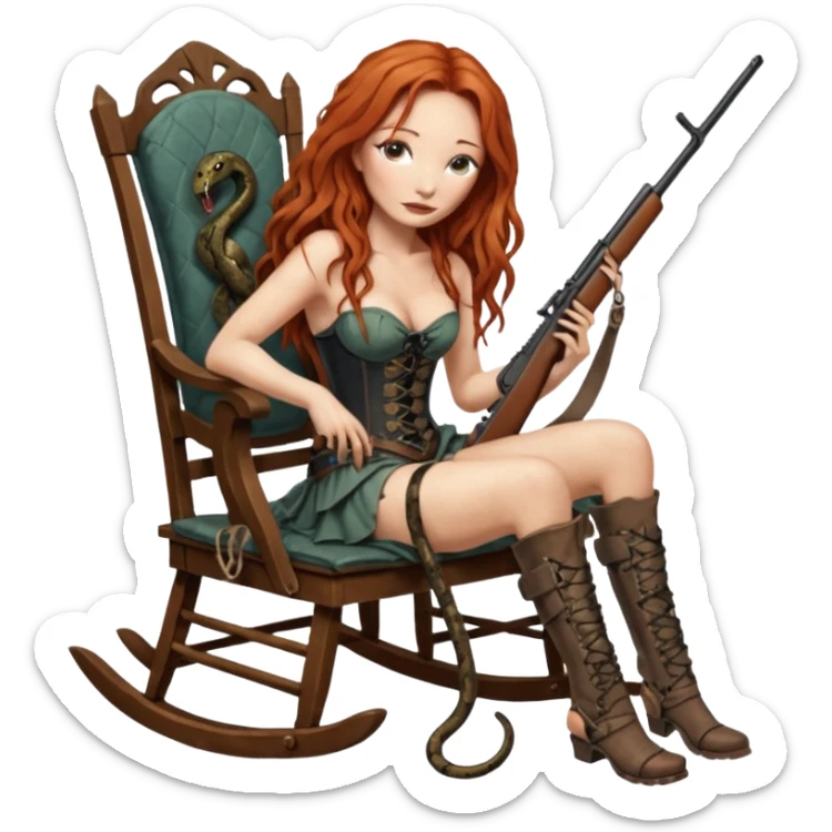 solarpunk ultra HD Tori Amos casually crouches on a rocking chair in a torn corset, holding a lintlock rifle and with muddy feet. a bronze snake wrapped itself around the chair sticker