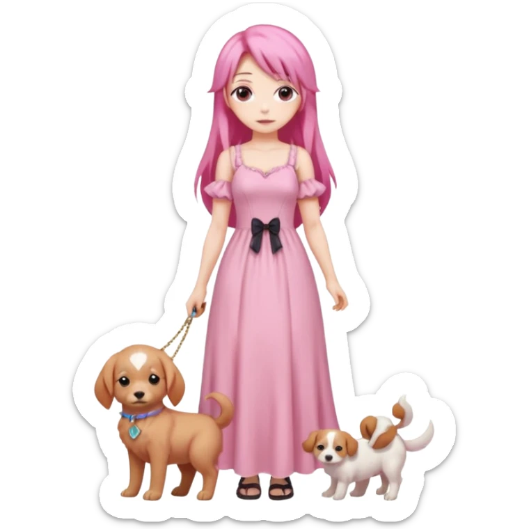 Pastel anime lady long hair pink long dress full body holding puppy sticker