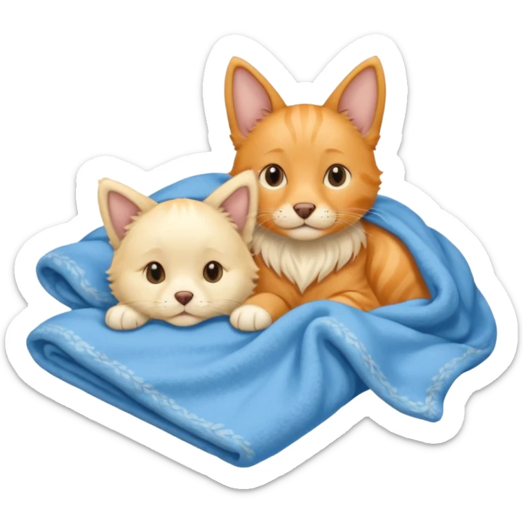 An Orange cat with pointy ears and an English cream retriever dog with floppy ears in a blue blanket  sticker
