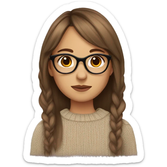 girl with curtain bangs and glasses with brown hair and a sweater sticker
