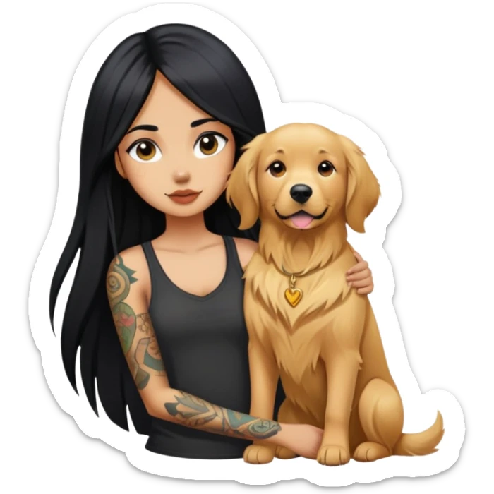 girl with long black  straight hair and tattoos and  a golden retriever sticker