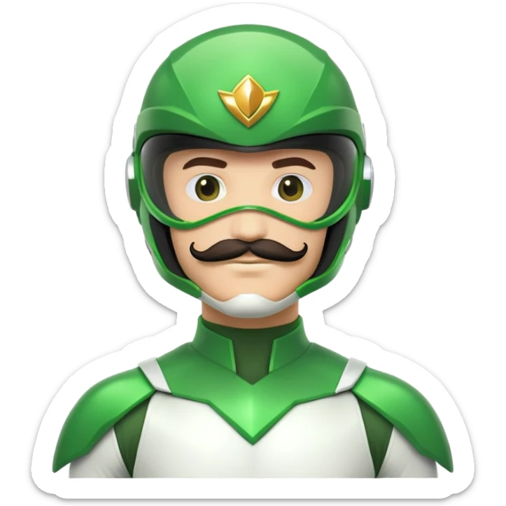 Green power ranger in white costume with a mustache, helmet with green visor sticker