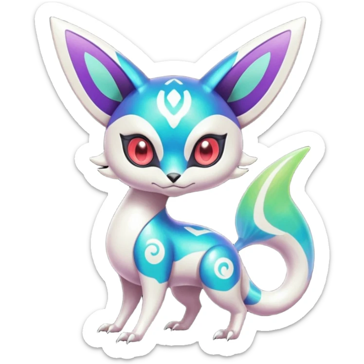 Shiny Colorful Futuristic Oriental Painted Asian Vernid-Trico-Meloetta-Latias-Koraidon-Peppercat-Protogen-Pokémon-Digimon-Fakémon-fusion-hybrid-creature sticker