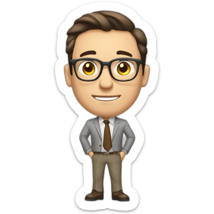 Pale skinned fit man with dark brown hair in gray jacket, beige office shirt, brown tie, brown pants and vintage glasses Writing on the flipchart sticker