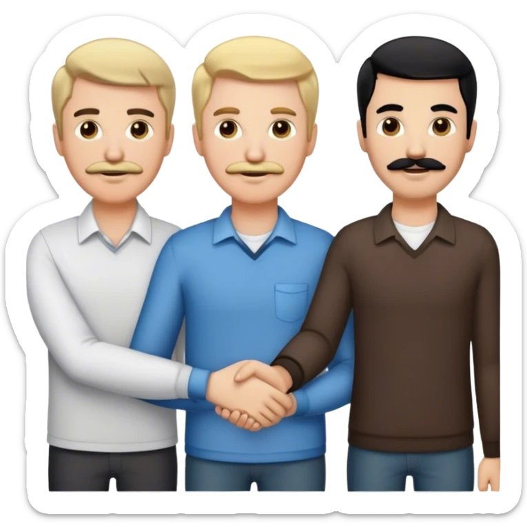 Three men holding hands, all white, one with blonde hair, one with black hair and a mustache and one with brown hair and stubble sticker