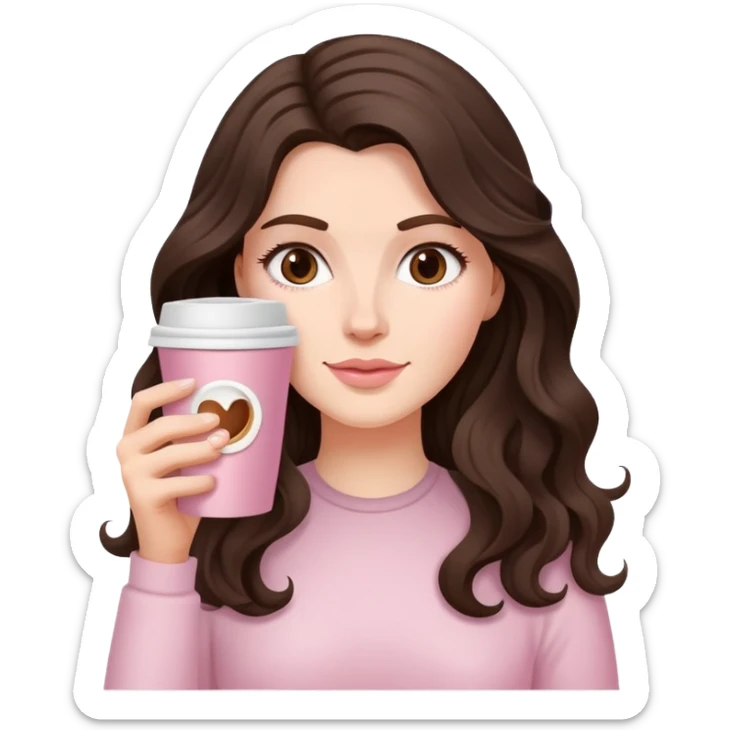 A white girl with long dark brown wave hair and a pale pink paper cup of coffee sticker