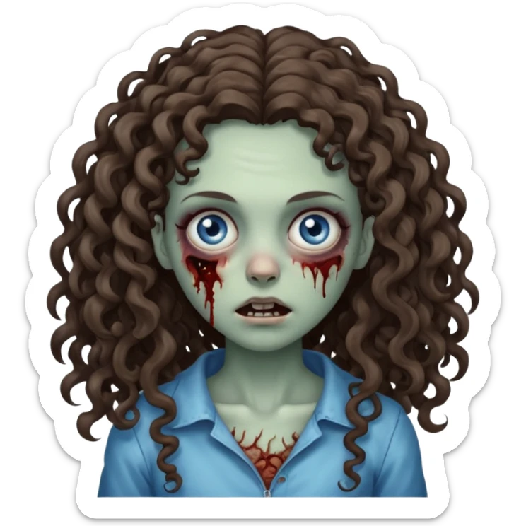 a zombie girl, her hair is curly and brunette but it is long hair and her curls are more open, the color eyes is blue mix grey sticker