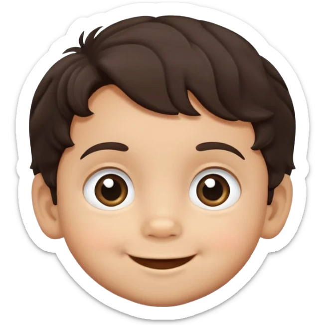 close-up of round smiling toddler boy face only with big eyes, medium skin tone, dark wavy hair, no neck visible, just the face sticker