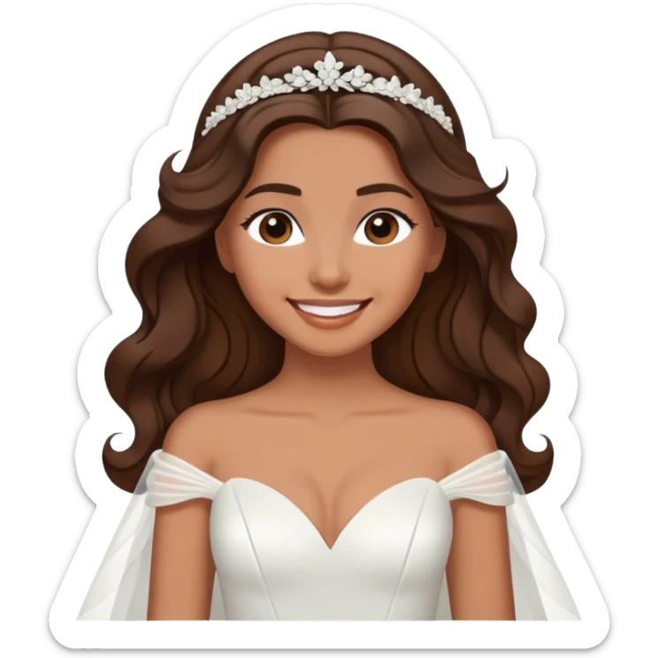 Tan, Dark Brown haired girl, long Hollywood wave hair, in white wedding dress smiling sticker