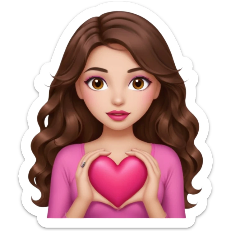 girl with long wavy brown hair, brown eyes, long lashes makeup, sexy pink lips, light to medium complexion, wearing a pink sexy top, squeezing a big heart sticker