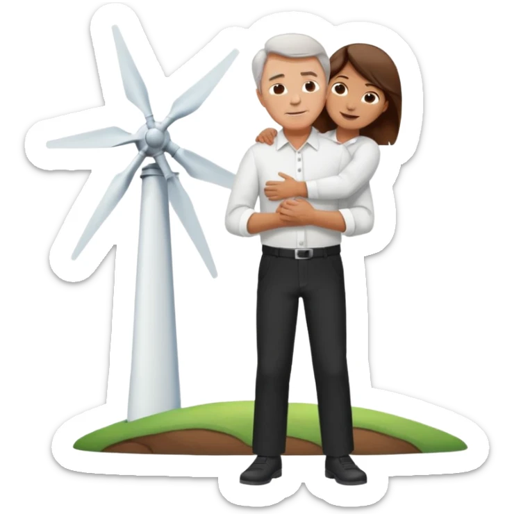 an older white man with brown hair and a white shirt and black pants hugging a wind turbine sticker