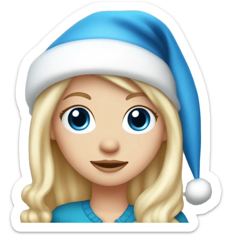 Pretty blue eyed white girl with blonde hair with a santa claus hat sticker