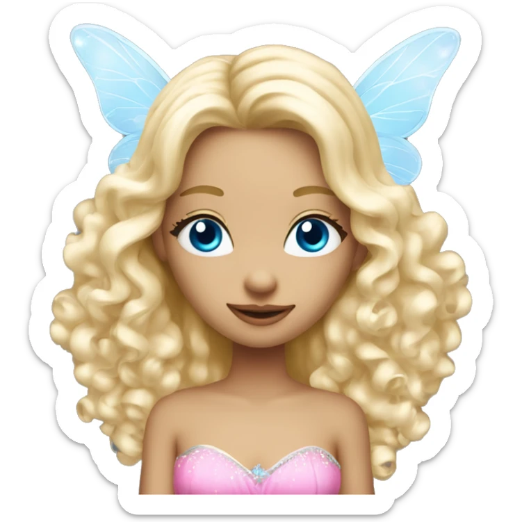 Fairy, a blonde hair with blue eyes and a pink dress with sparkly wings. White wings. The fairy has long and curly hair with a lot of volume sticker