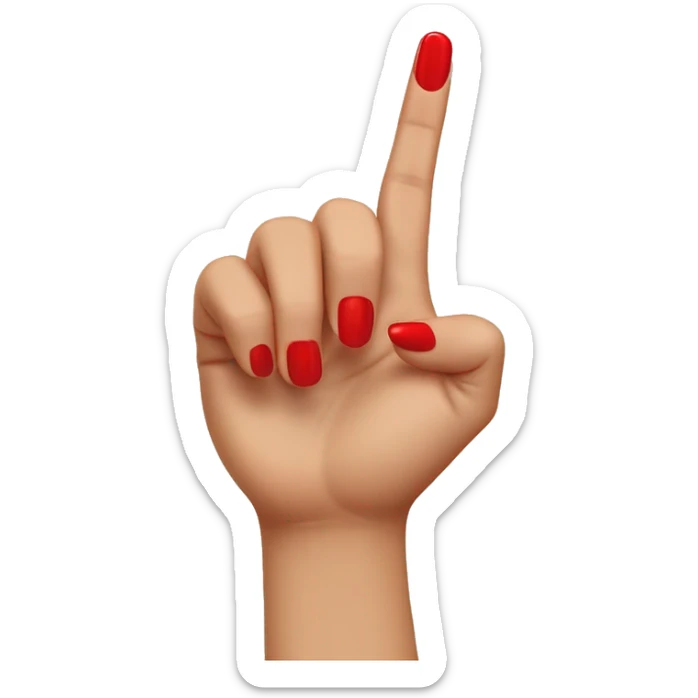 woman hand pointing index finger, red nail varnish. top of the hand is showing sticker