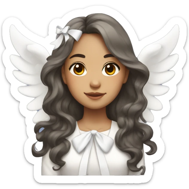 Pretty mixed Asian girl with long wavy hair with big angels wings and a white bow sticker