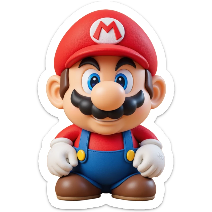 a worker in factoryA 3D-rendered head of a character inspired by Super Mario, facing slightly from front-left to right. The head should include his signature red cap with an ‘M’, large round nose, thick mustach sticker