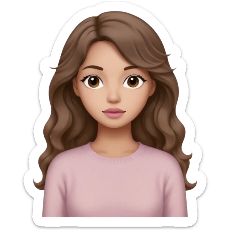 a woman with beige knit long sleeve top, her hair is long wavy brown hair, her face is soft girl style, her eyes color are black and the color of her lip is soft pink sticker