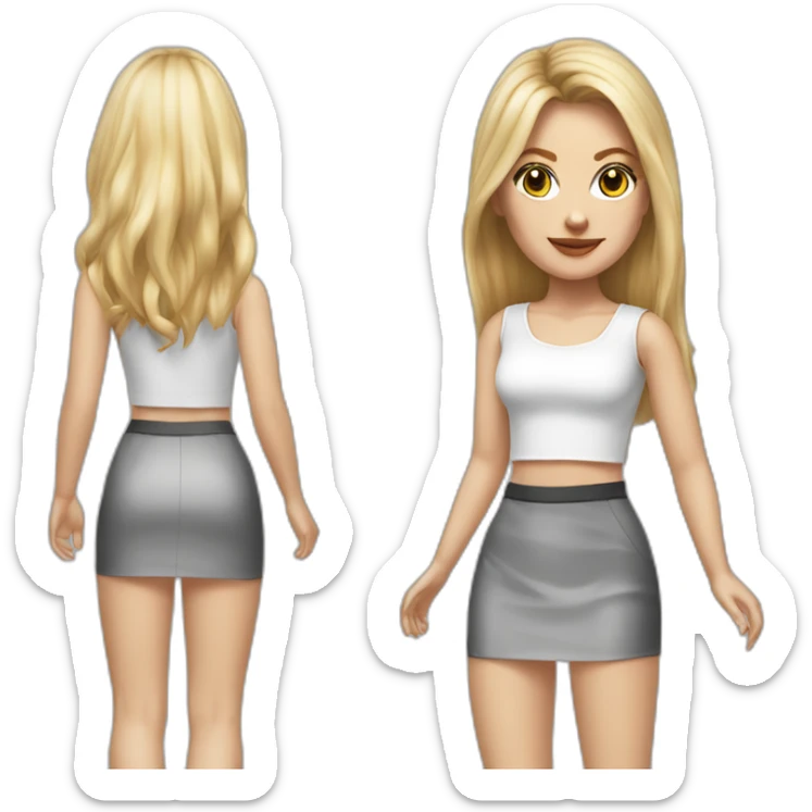 hyperrealist caucasian long blonde brown eyes woman white top gray mini tight skirt black heels sticker