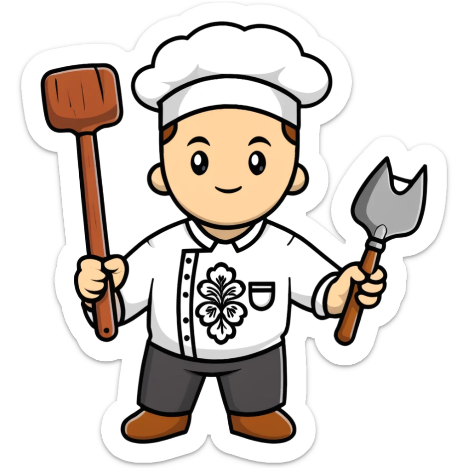 Ukrainian man wearing traditional white embroidered shirt (vyshyvanka) holding a hammer in one hand and a kitchen ladle in the other hand sticker
