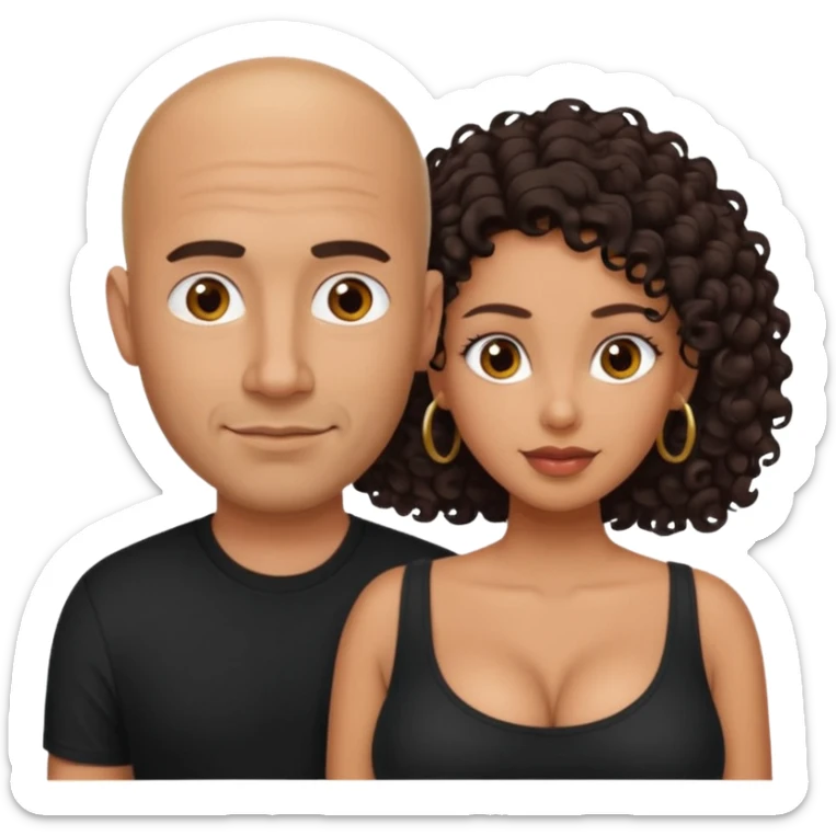A picture of a tanned couple. the man is a Mexican man with tanned skin, a bald hair cut, short beard and wearing a black shirt. the woman is mixed, with long curly dark brown hair and with big boobs  sticker