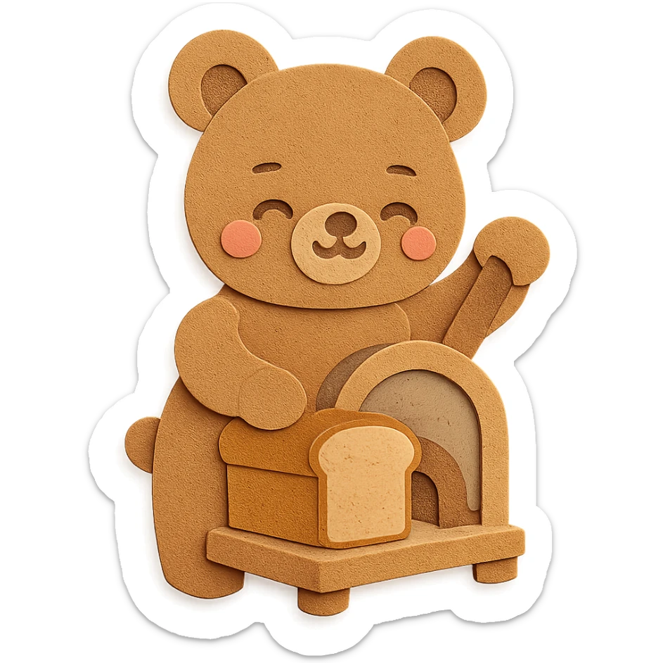 kawaii bread slicer bear slicing bread, happy soft eyes, warm tones, full-body sticker
