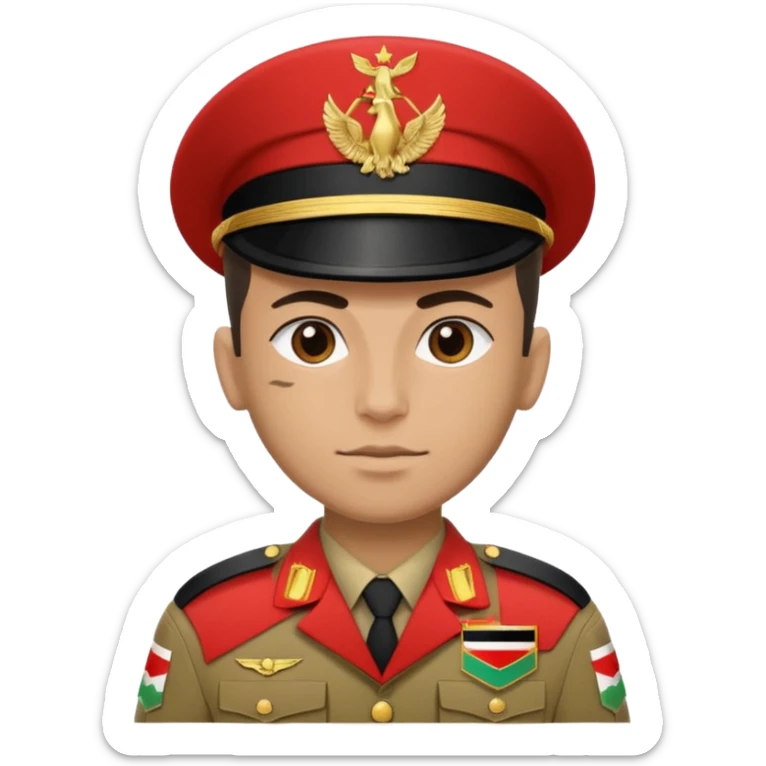 Portrait of an Iraqi soldier with an Iraqi flag chevron on his shoulder and chest sticker