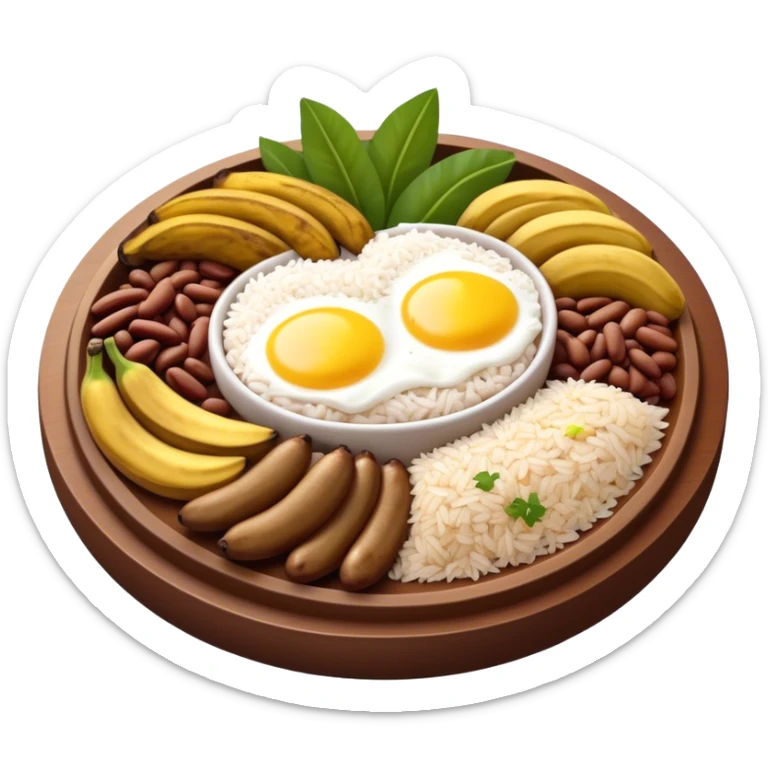 Cinematic Realistic Bandeja Paisa Dish Emoji, depicted as a hearty platter featuring beans, rice, meat, and plantains rendered with detailed textures and vibrant, robust lighting. sticker