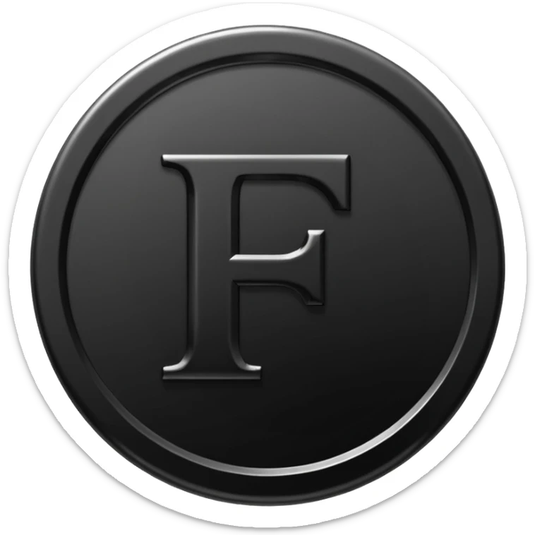 Emoji icon of a black coin with engraved letter F, minimalist style, isolated, only black color sticker
