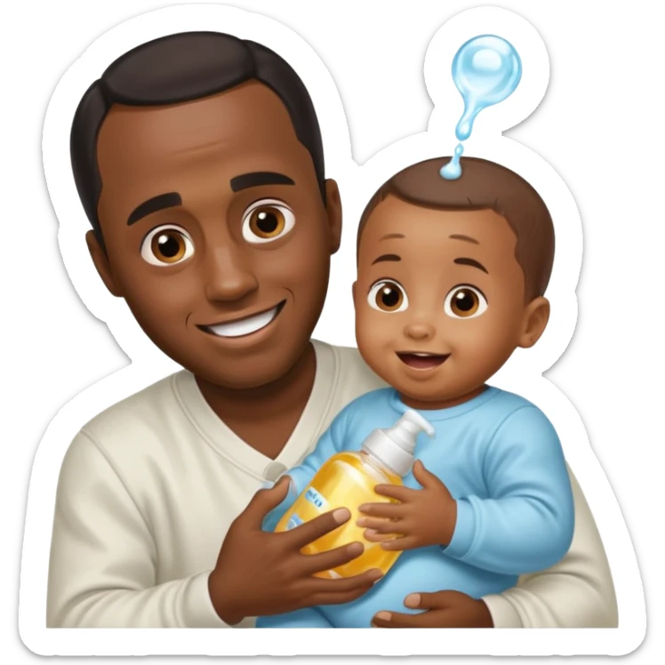 Sean “Diddy” Combs with baby oil and a very small infant and he’s pouring the baby oil on the baby and they have a scared face they’re really scared while diddy is happy sticker