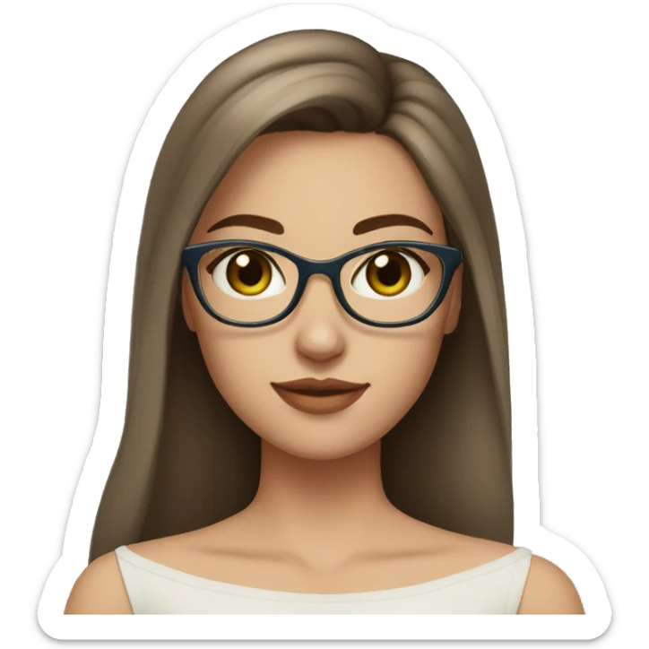 girl with brown hair in a side part, wearing off shoulder top, light coloured skin, greenish blue eyes, glasses sticker