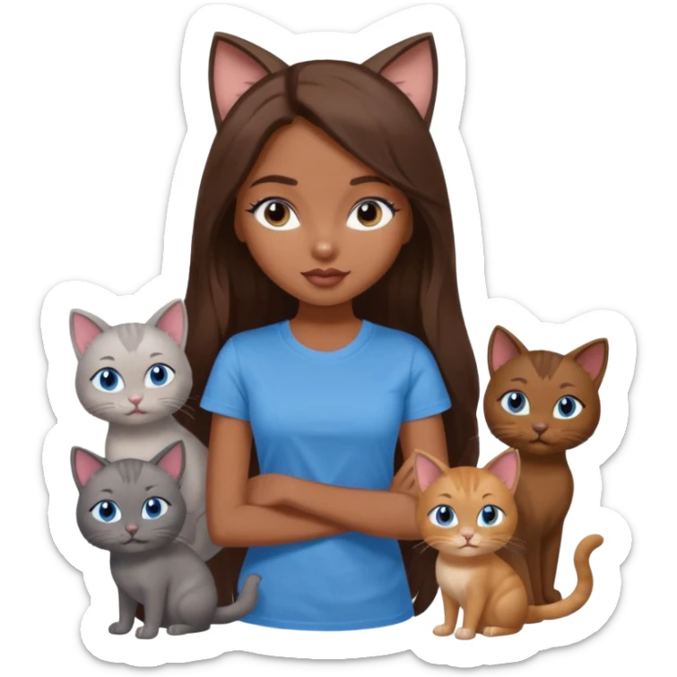 a pretty bratz dusky girl with long brown hair, blue eyes with six cats nd wearing a grey tshirt sticker
