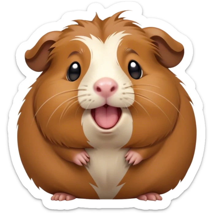 Cinematic Cute Yawning Brown Guinea Pig Portrait Emoji, Head tilted slightly with a dramatic, wide-open yawn, revealing a soft brown coat and tiny, droopy ears, round dark eyes barely open in drowsy contentment, Simplified yet irresistibly adorable features, highly detailed, glowing with a soft, cozy glow, high shine, relaxed yet expressive, stylized with a touch of whimsy, bright and endearing, soft glowing outline, capturing the essence of a sleepy yet affectionate guinea pig, so drowsy it feels like it could stretch out of the screen and curl up for a nap! sticker