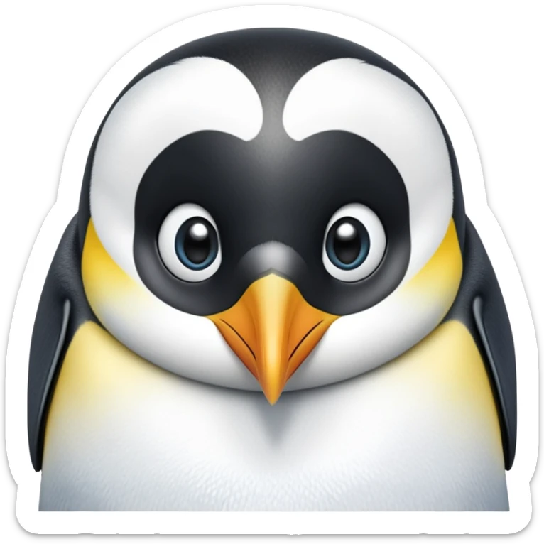 cinematic-cute-emperor-penguin-portrait-emoji,-head-tilted-playfully-and-inquisitively,-with-glossy,-pristine-plumage-accented-by-a-bright-beak-and-round,-sparkling-eyes-filled-with-curiosity,-simplified-yet-irresistibly-adorable-features zoomed into the face sticker