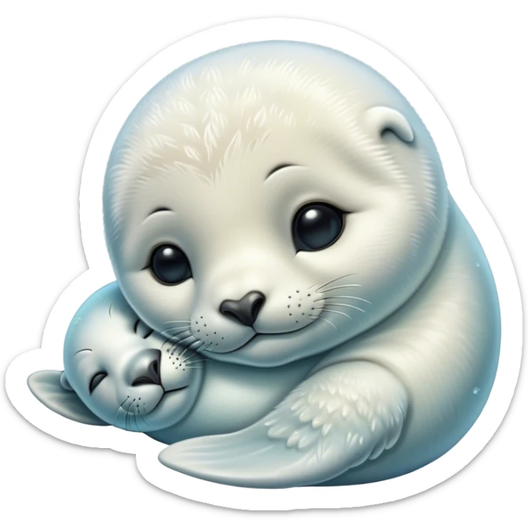 Beautiful and Majestic Baby Seal Portrait Emoji, Head and body resting serenely with a gentle, content smile, showcasing a soft, cuddly form with tender, glistening fur and eyes peacefully closed in a tranquil slumber, Simplified yet exquisitely endearing features, highly detailed, glowing with a soft, radiant polar light, high shine, serene and utterly lovable, stylized with an air of regal innocence, soft glowing outline, capturing the essence of a beautiful and majestic baby seal that embodies the quiet wonder of arctic serenity! sticker