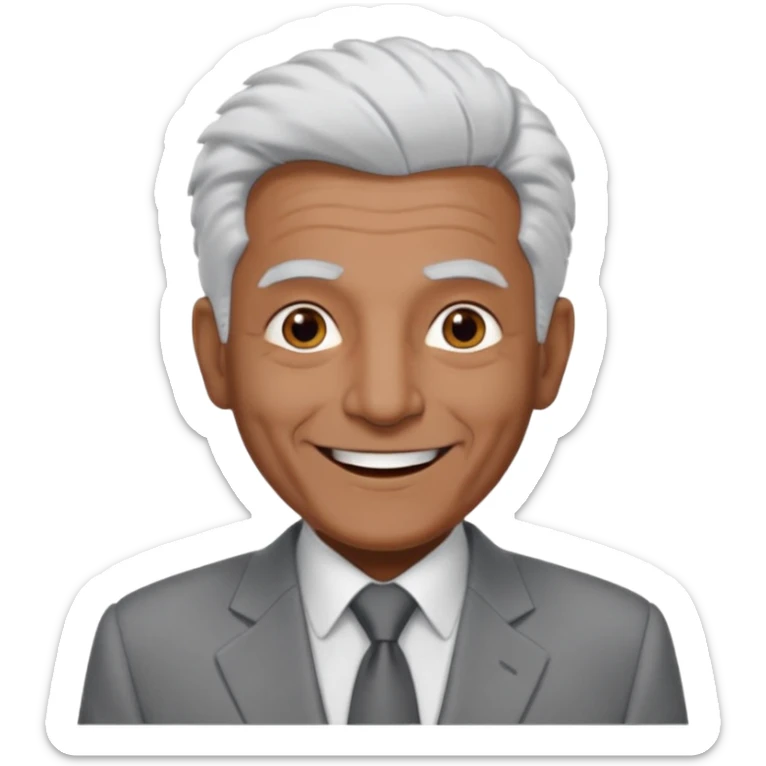 70 yr old man, very short spike white hair, pakistani, light grey business suit, big smile, dark skin, no facial hair, less hair
 sticker