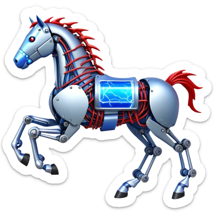 fast electric horse made of electricity, metal plates, bolts, visible blue and red wires, lightning coursing through its body, mechanical hooves sticker