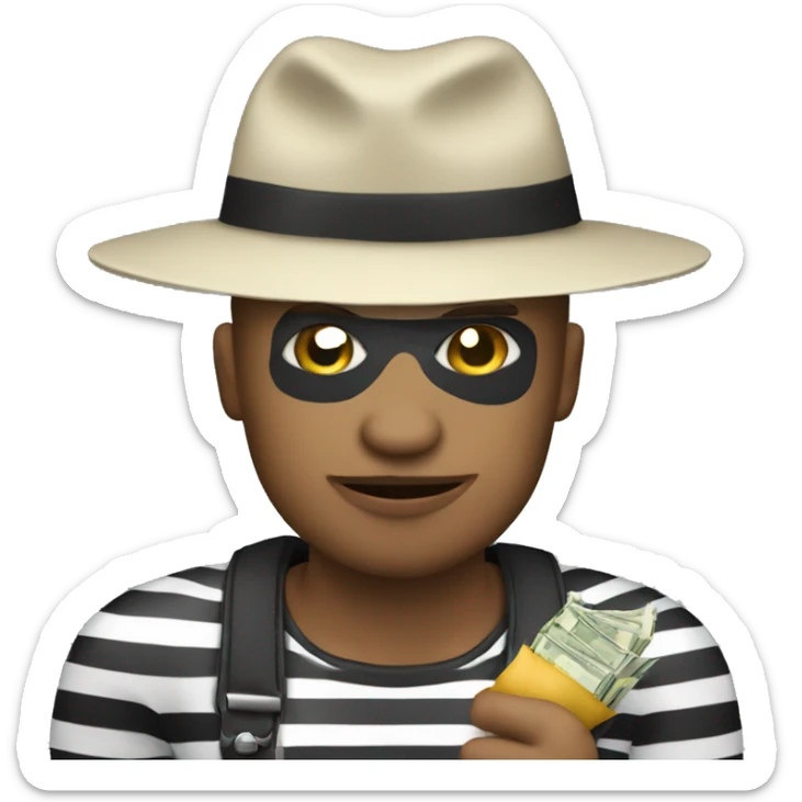 Thief with black and white stripes shirt wearing a hat holding a money bag sticker
