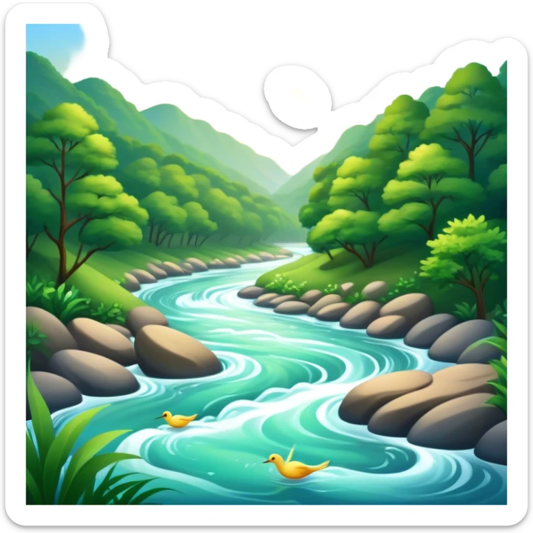 Cinematic Realistic River Emoji, Serene and flowing, with sparkling water meandering through lush greenery, surrounded by trees and rocks. The sun dances across the rippling surface, creating glimmering reflections while birds fly overhead. Soft glowing outline, capturing the essence of peacefulness and tranquility in a meandering river. sticker