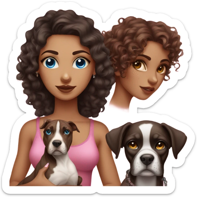 Beautiful tattooed curly dark brown haired woman, holding a boxer dog, and pink sphinx with blue eyes sticker