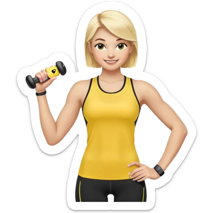 Sporty blonde woman in yellow top and black leggings, showing bicep, smiling, with wireless earbud and Apple Watch sticker