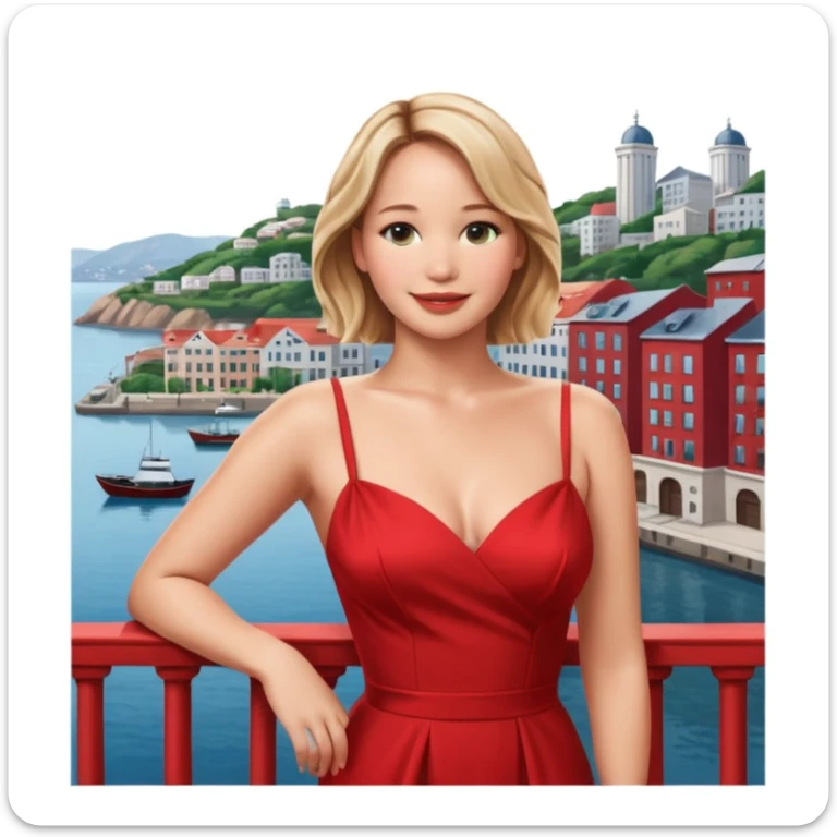 jennifer lawrence, red dress leaning on a balcony with a harbor and cityscape in the background, smiling, closeup sticker