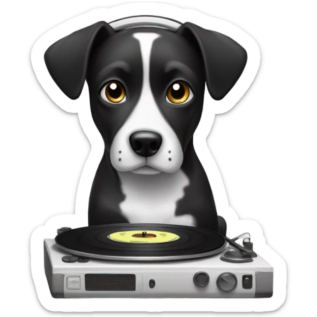 Black and white dog listening to vinyl on headphones sticker
