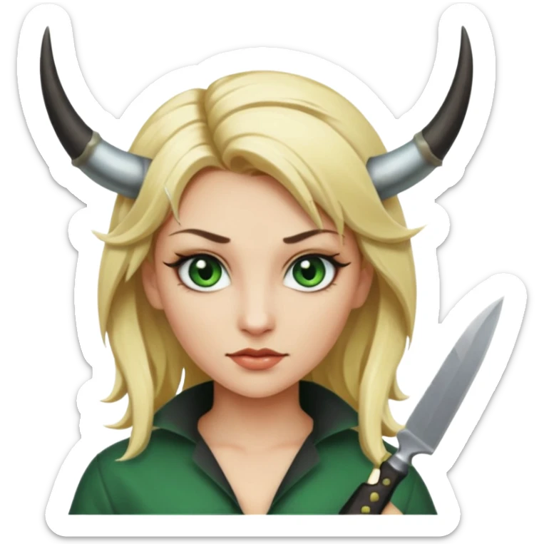 Emoji femme blonde cheveux blond, yeux vert avec de long cils noir qui a des cornes et tiens un couteau  sticker