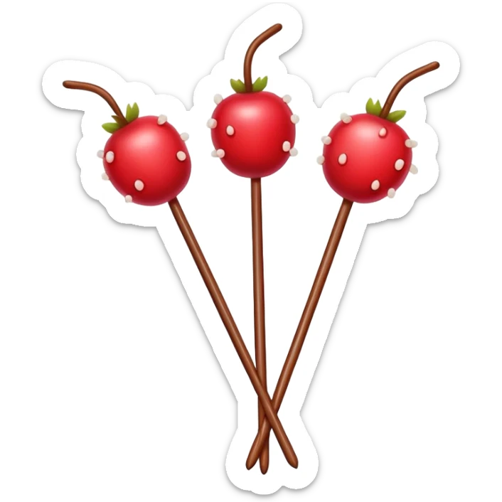 Northeast China candied hawthorn sticks tanghulu bright red fruits on skewer, simplified emoji style with bold outlines and bright colors, cartoon style sugar-coated berries sticker