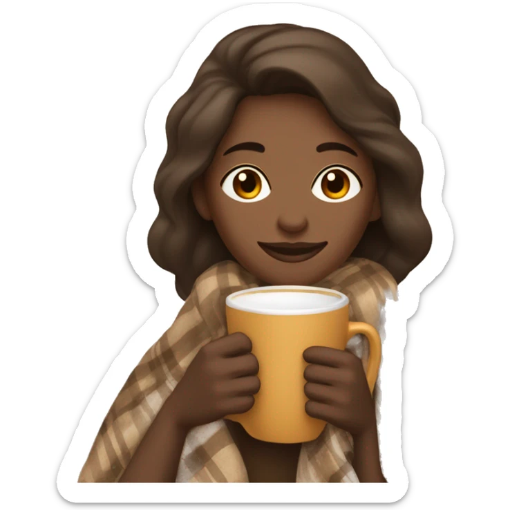a woman covered with a cozy beige/brown plaid blanket drinking a cup of a warm drink/coffee/hot chocolate  sticker