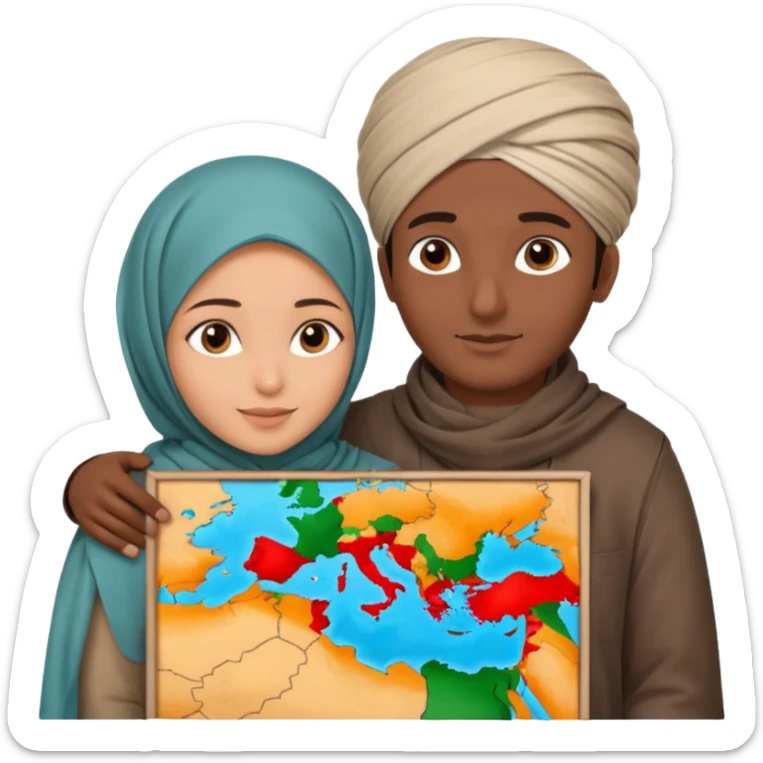 An emotional artistic illustration of an Indian man and an Afghan hijabi girl standing on the maps of India and Afghanistan, symbolically embracing each other  from in front side  despite the distance, showing love beyond borders. sticker