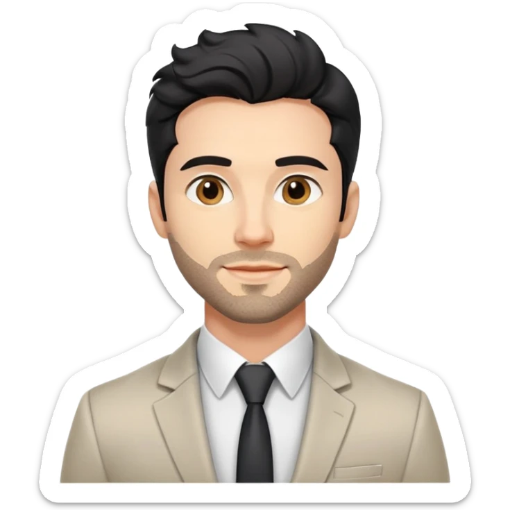 Headshot portrait of a professional 35-year-old man with black wavy hair, stubble, strong jawline, white skin tone, wearing smart casual business attire with blazer, confident and charismatic expression, suitable for a professional speaker profile sticker